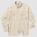 F'n Soft Daily Shirt in cream with a collared neckline, long sleeves, front button closure, and two flap chest pockets laid flat against a light background