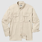 F'n Soft Daily Shirt in cream with a collared neckline, long sleeves, front button closure, and two flap chest pockets laid flat against a light background