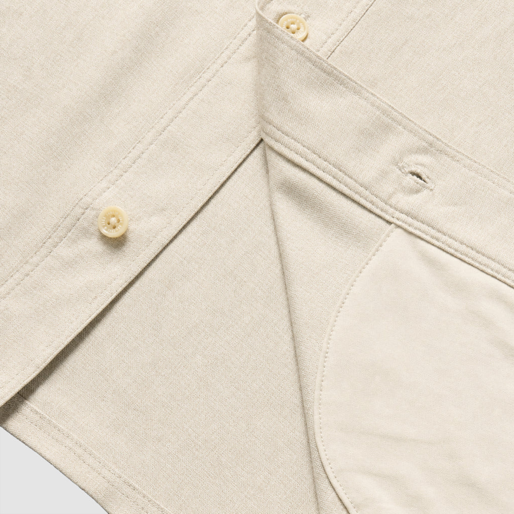 F'n Soft Daily Shirt in cream with close up view of the collar, front placket, tonal buttons, stitching, and soft cotton fabric texture