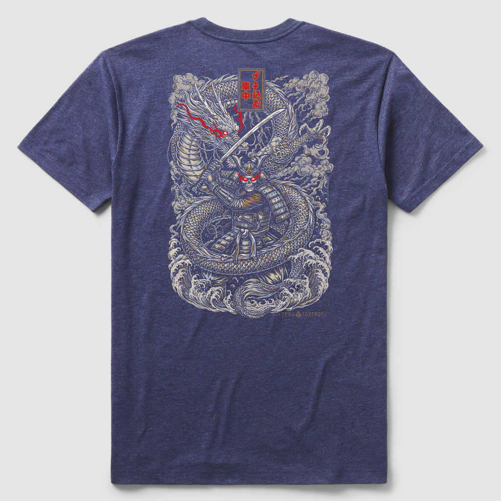 Back view of a navy Focused Fury Tee featuring an intricate design of a samurai warrior with a glowing red sword, coiled by a serpentine dragon amidst swirling clouds.
