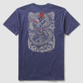 Back view of a navy Focused Fury Tee featuring an intricate design of a samurai warrior with a glowing red sword, coiled by a serpentine dragon amidst swirling clouds.
