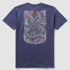 Back view of a navy Focused Fury Tee featuring an intricate design of a samurai warrior with a glowing red sword, coiled by a serpentine dragon amidst swirling clouds.