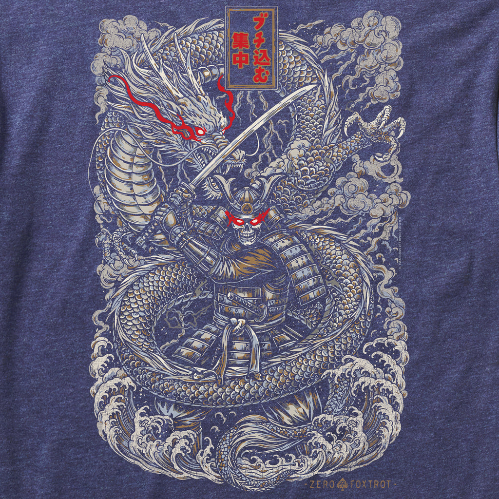 Focused Fury Tee featuring a detailed illustration of a samurai warrior with glowing red eyes wielding a katana, surrounded by a coiled dragon and swirling clouds on a blue fabric background.