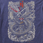 Focused Fury Tee featuring a detailed illustration of a samurai warrior with glowing red eyes wielding a katana, surrounded by a coiled dragon and swirling clouds on a blue fabric background.