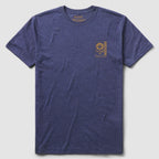 Blue heather short-sleeve t-shirt with a small gold graphic featuring a spade and the text "Focused Fury Tee" on the left chest.