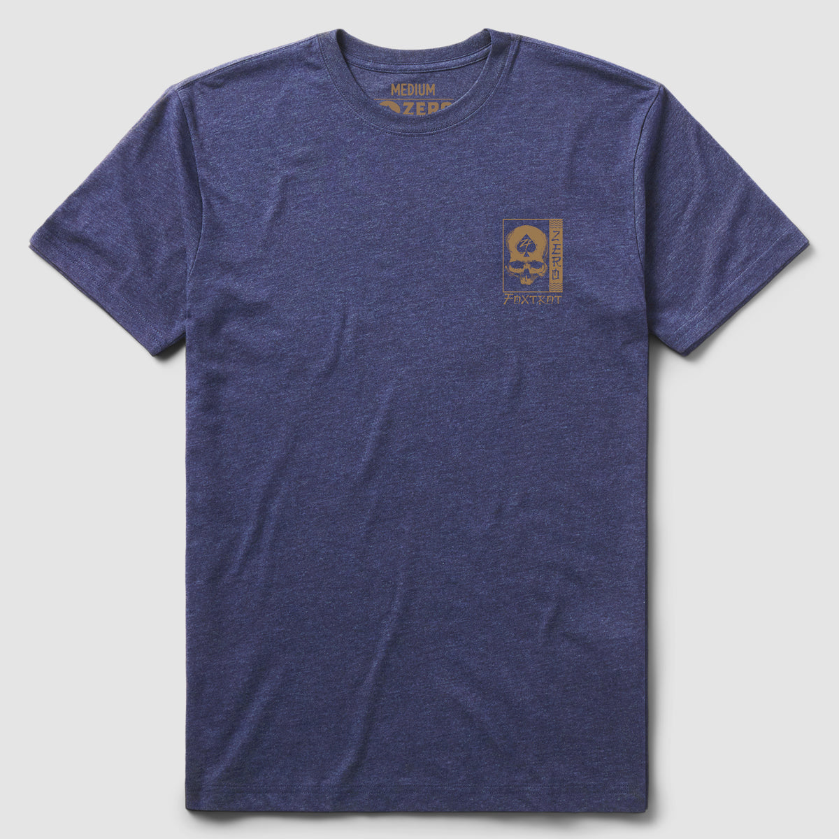 Blue heather short-sleeve t-shirt with a small gold graphic featuring a spade and the text "Focused Fury Tee" on the left chest.