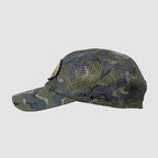 Side view of a green and black camouflage Full Mesh Cap featuring breathable mesh panels and a curved brim designed for comfortable outdoor wear.