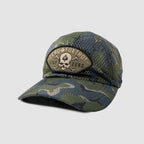 Full Mesh Cap in camouflage pattern featuring a breathable mesh design and a front patch with a skull and crossbones emblem and the words "Zero Foxtrot Stay Zero.