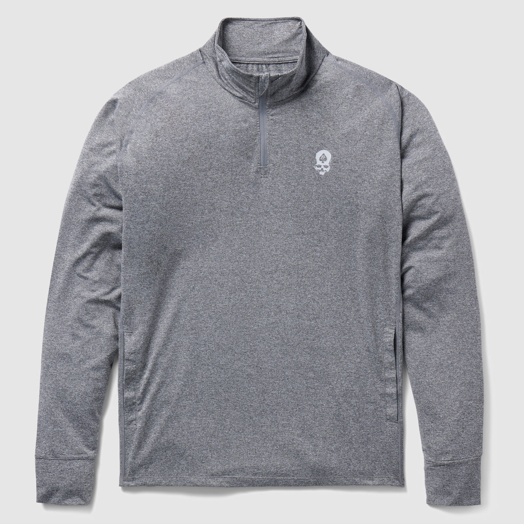 PT 1/4 Zip Long Sleeve (Last Chance), gray long sleeve pullover with quarter zip collar, side pockets, and small chest logo shown flat lay