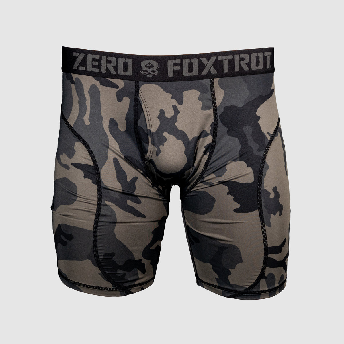 Men's camo patterned boxer briefs with a black waistband featuring the text "ZERO FOXTROT," designed for comfort and support, labeled as Boxer Briefs - 6" Inseam.