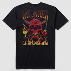 Back view of a black Halloween No Quarter Tee featuring a red skull with horns, flames, a chalice, an arrow-pierced heart, and decorative text reading "Halloween" and "Trick or Treat" in fiery colors.