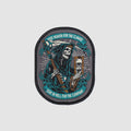 Heaven or Hell Patch featuring a grim reaper holding a scythe and hourglass, with teal accents and the phrases Wish Heaven for the Climate and Stay in Hell for the Company