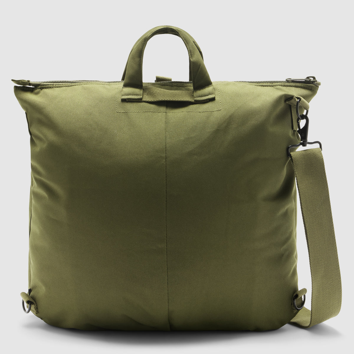 ZF Flyers Helmet Bag in olive green with dual handles, top zipper, side clips, and an adjustable shoulder strap shown against a plain background