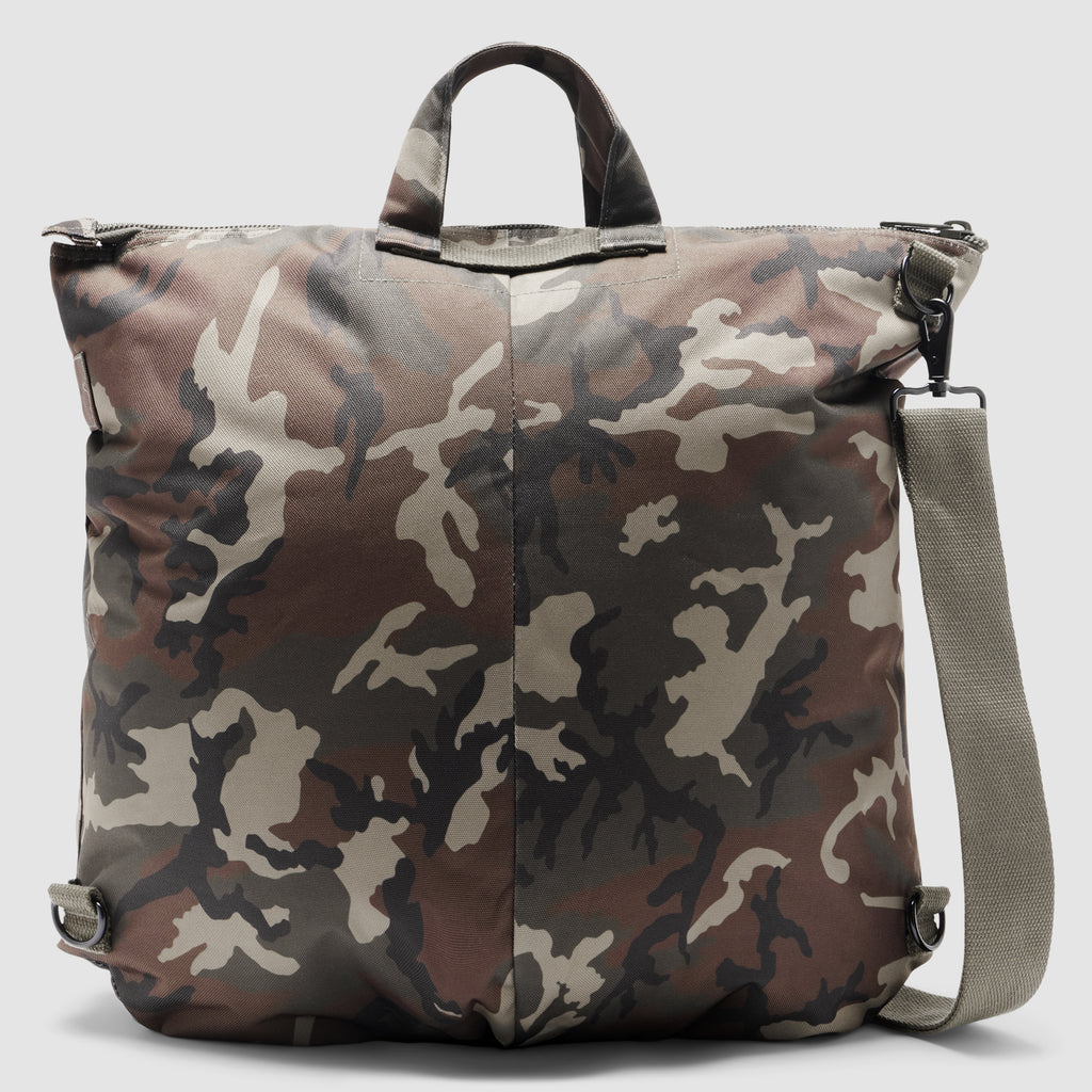 ZF Flyers Helmet Bag in camouflage with two carry handles and an adjustable shoulder strap against a light background
