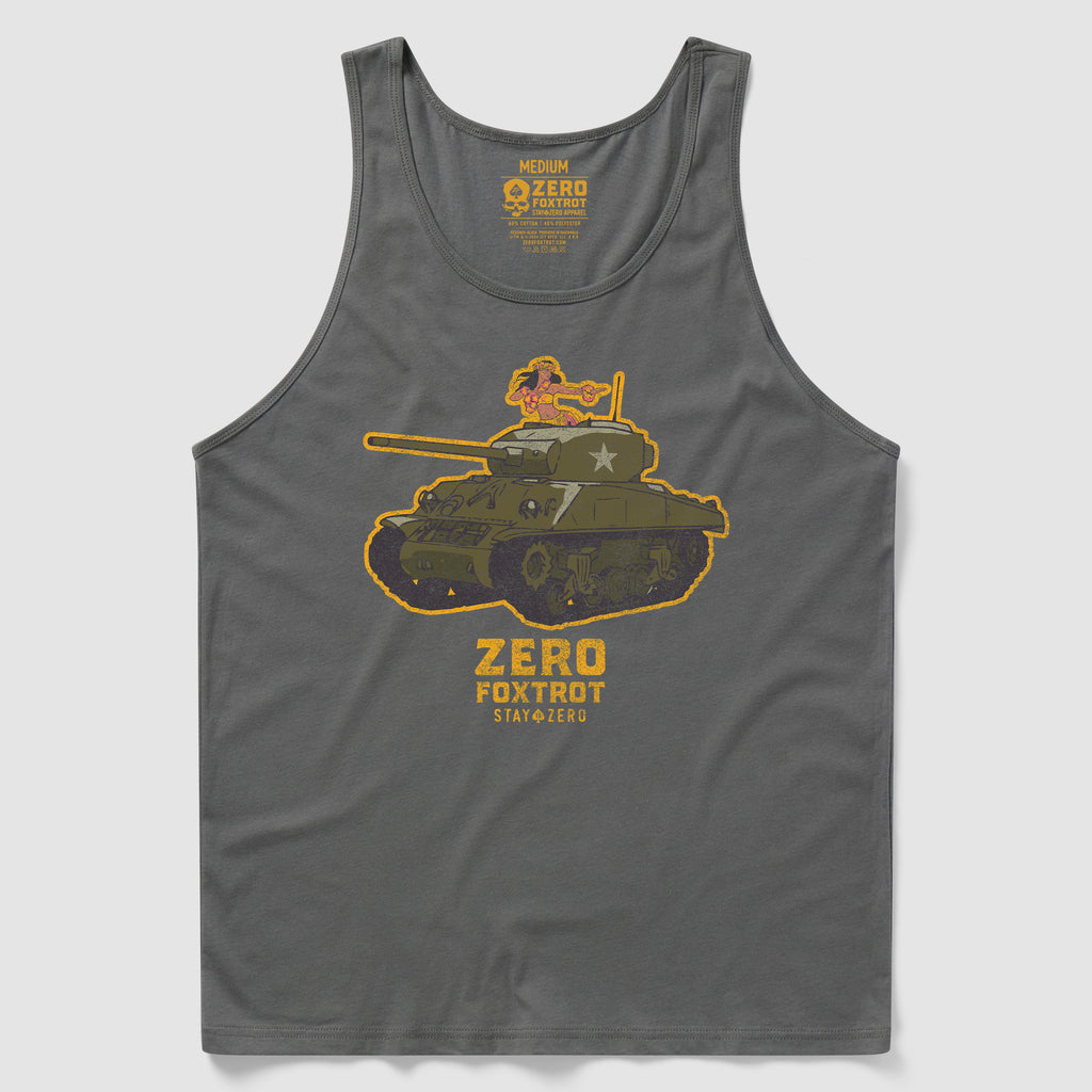 Hula Tank tank top in dark gray featuring a graphic of a vintage military tank with a hula dancer on top and the text "ZERO FOXTROT" below the design.