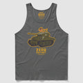 Hula Tank tank top in dark gray featuring a graphic of a vintage military tank with a hula dancer on top and the text "ZERO FOXTROT" below the design.
