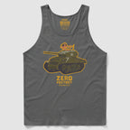 Hula Tank tank top in dark gray featuring a graphic of a vintage military tank with a hula dancer on top and the text "ZERO FOXTROT" below the design.