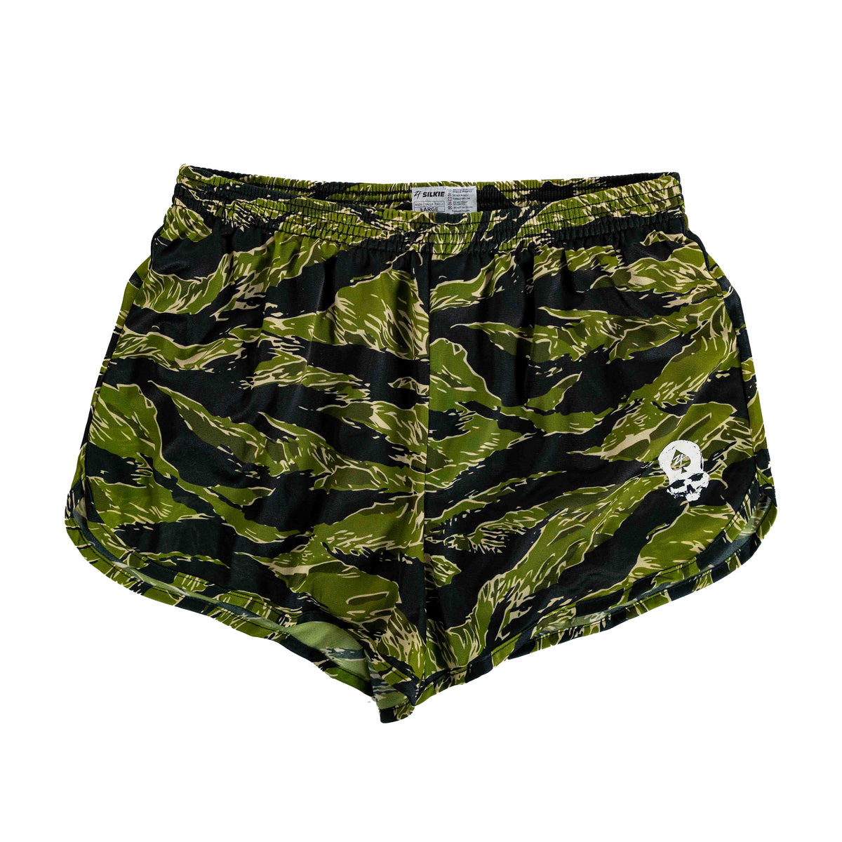 Green and black camouflage patterned shorts with a white skull logo on the left leg, elastic waistband, labeled as ZF Silkies - Camos.