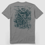 Gray "Kill You Tee" featuring a detailed graphic on the back of a samurai skeleton holding a sword surrounded by flowers, with stylized text above and Japanese characters below.