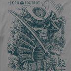 Close-up of a detailed graphic on the Kill You Tee featuring a skeletal samurai warrior holding a sword, surrounded by cherry blossoms and intricate armor design.