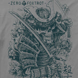 Close-up of a detailed graphic on the Kill You Tee featuring a skeletal samurai warrior holding a sword, surrounded by cherry blossoms and intricate armor design.