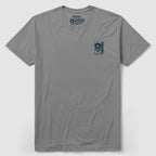 Kill You Tee in solid grey featuring a small dark graphic on the left chest area with skull and spade design and text details, crew neck short sleeve style.
