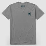 Kill You Tee in solid grey featuring a small dark graphic on the left chest area with skull and spade design and text details, crew neck short sleeve style.