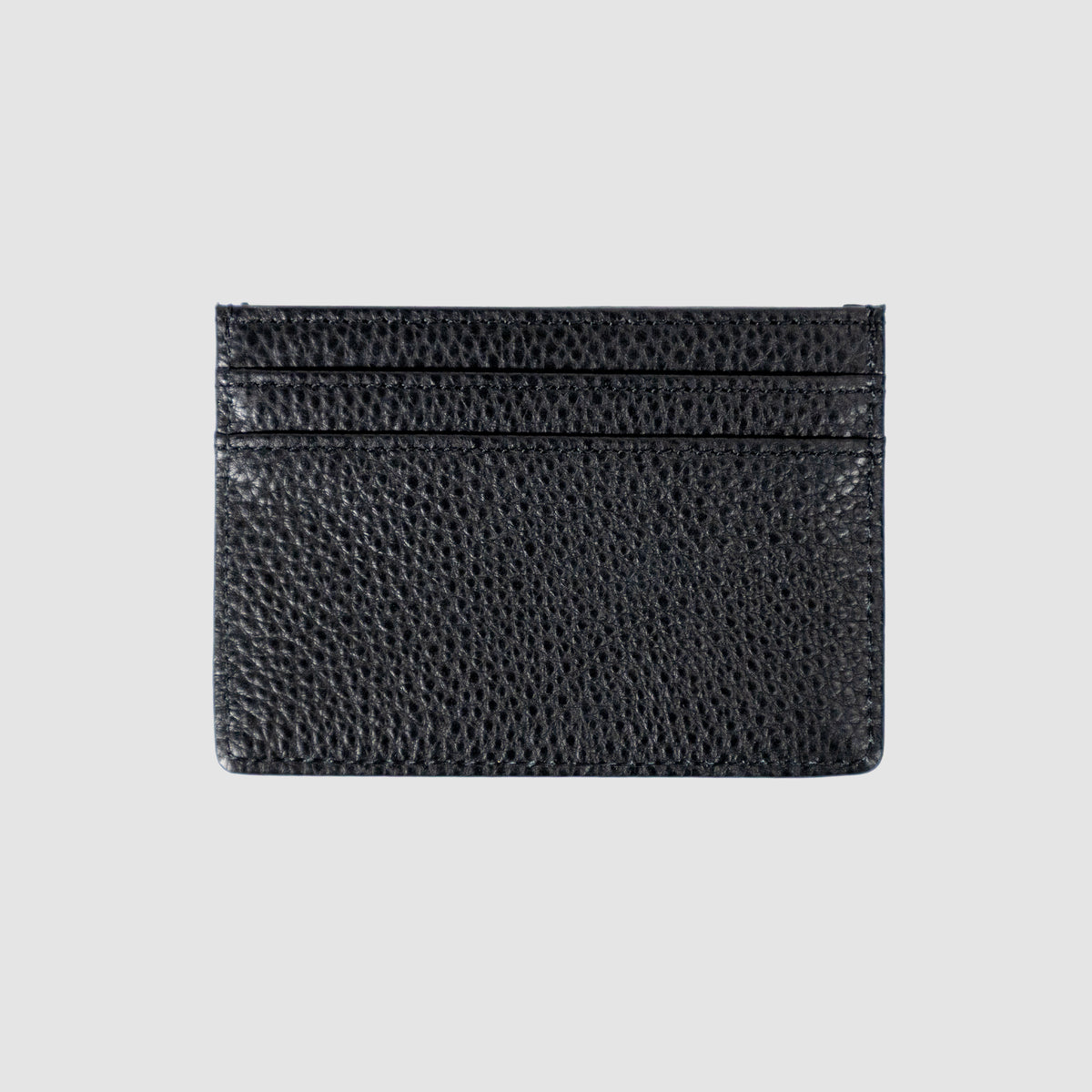 Black textured leather cardholder with multiple card slots, designed for compact and stylish organization of credit cards and IDs.