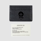 Black textured Leather Cardholder with embossed spade design on front, showing multiple card slots and a care instruction card below.