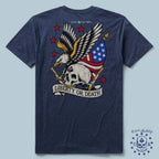 Back view of navy blue Liberty or Death Tee featuring a graphic of an eagle holding crossed rifles above a skull with an American flag and red stars surrounding the design.