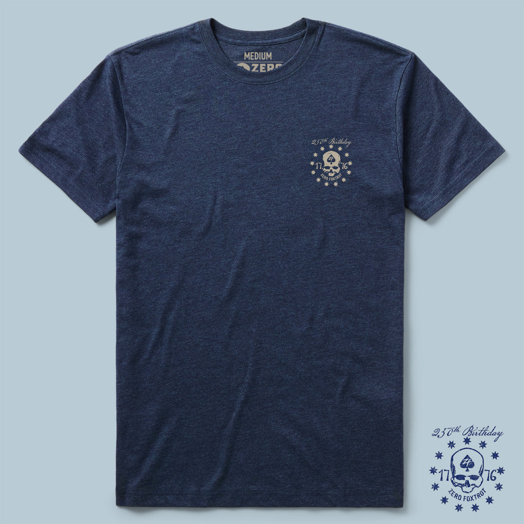 Navy blue Liberty or Death Tee with a small beige skull and text design on the chest celebrating a 250th birthday, made from soft fabric in a medium size.