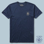 Navy blue Liberty or Death Tee with a small beige skull and text design on the chest celebrating a 250th birthday, made from soft fabric in a medium size.