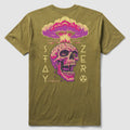 Back view of an olive green Mutually Assured Tee featuring a graphic design of a pink and purple skull with a mushroom cloud explosion above it, surrounded by the text "Stay Zero" and a radiation symbol.