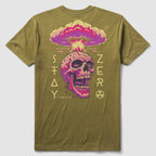 Back view of an olive green Mutually Assured Tee featuring a graphic design of a pink and purple skull with a mushroom cloud explosion above it, surrounded by the text "Stay Zero" and a radiation symbol.