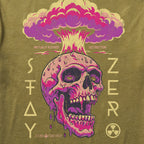 Close-up of the Mutually Assured Tee graphic featuring a vibrant pink and purple skull beneath a mushroom cloud explosion with the text "Stay Zero" and "Mutually Assured Destruction" on an olive green fabric.