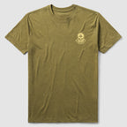Mutually Assured Tee in olive green featuring a small skull and crossed bones graphic with the phrase "Mutually Assured" on the left chest, made of soft cotton fabric.