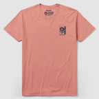 Miyamoto Musashi Tee in muted coral pink featuring a small navy graphic with an abstract spade and text on the left chest, made from soft cotton fabric.