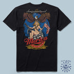 Black 250th Birthday Party Tee featuring a graphic of a woman holding an American flag and a gun, sitting on skulls, with a large eagle above and "Semiquincentennial" text at the top.