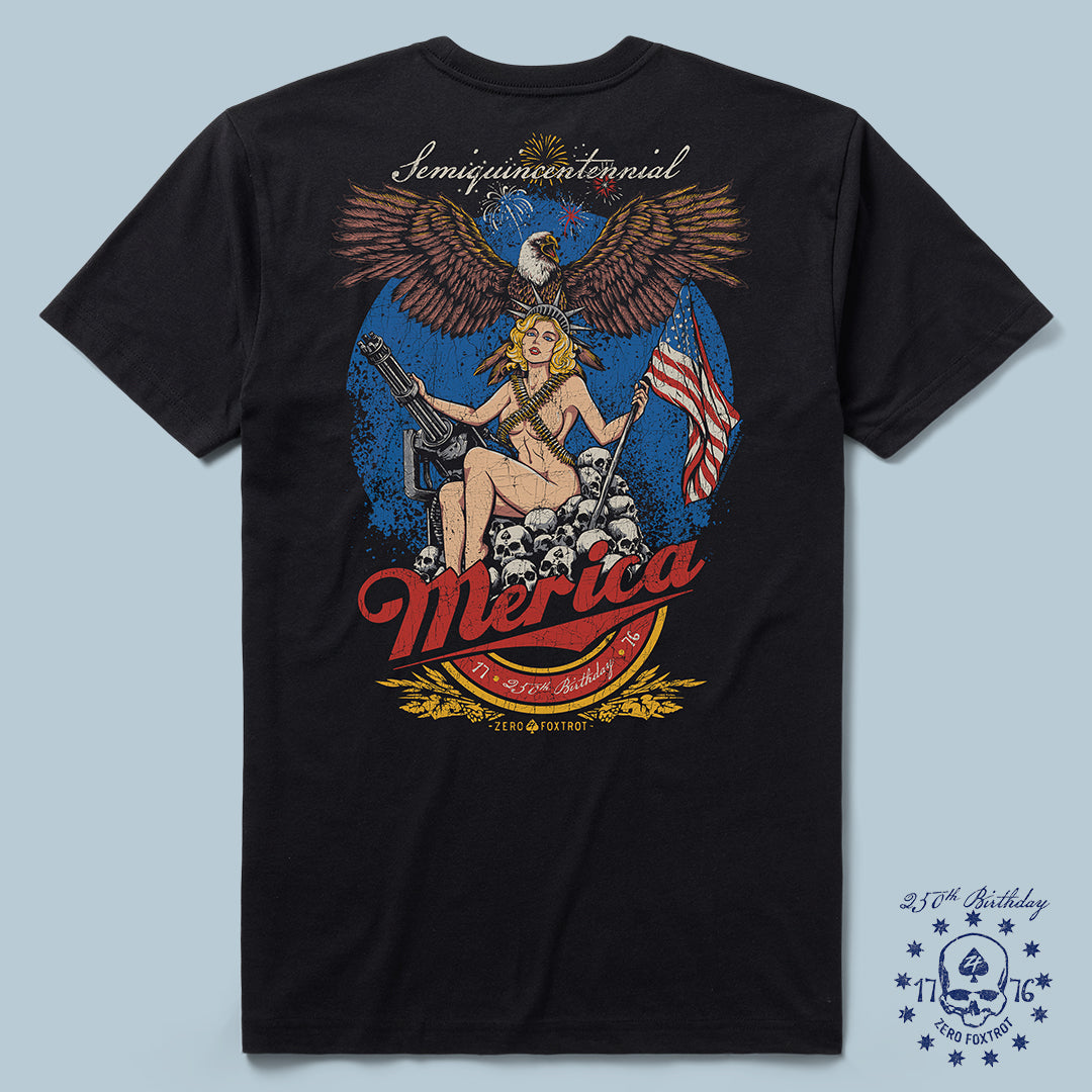 Black 250th Birthday Party Tee featuring a graphic of a woman holding an American flag and a gun, sitting on skulls, with a large eagle above and "Semiquincentennial" text at the top.