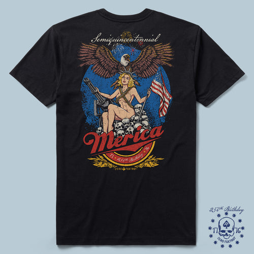 Black 250th Birthday Party Tee featuring a graphic of a woman holding an American flag and a gun, sitting on skulls, with a large eagle above and "Semiquincentennial" text at the top.