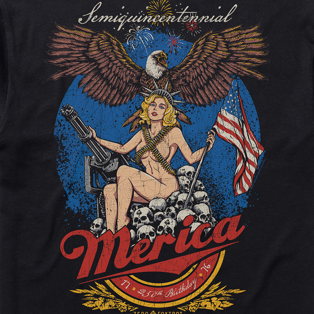 250th Birthday Party Tee featuring a patriotic graphic of a woman holding an American flag and a large gun, surrounded by skulls, with a bald eagle and fireworks in the background.