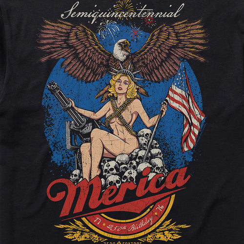 250th Birthday Party Tee featuring a patriotic graphic of a woman holding an American flag and a large gun, surrounded by skulls, with a bald eagle and fireworks in the background.