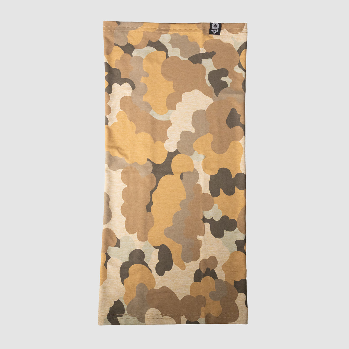 Performance Sun Gaiter with a cloud-inspired camouflage pattern in shades of beige, tan, brown, and gray, designed for versatile sun protection and comfort.