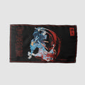 Miyamoto Musashi Flag featuring a dynamic illustration of a samurai warrior in traditional armor wielding dual swords against a bloodied opponent, with Japanese characters on a black background.