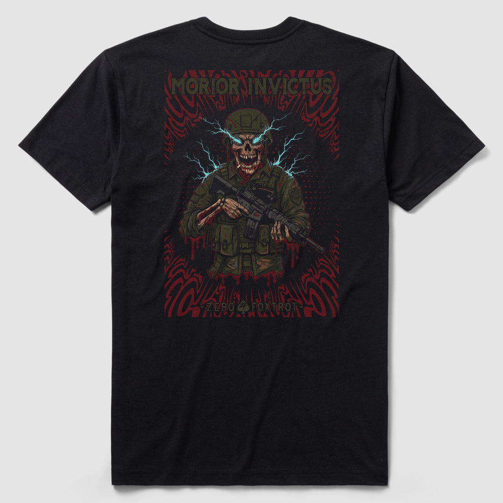 Back view of the Morior Invictus Tee featuring a detailed graphic of a skeleton soldier holding a rifle with electric blue lightning bolts in the background on a black fabric.