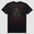 Back view of the Morior Invictus Tee featuring a detailed graphic of a skeleton soldier holding a rifle with electric blue lightning bolts in the background on a black fabric.