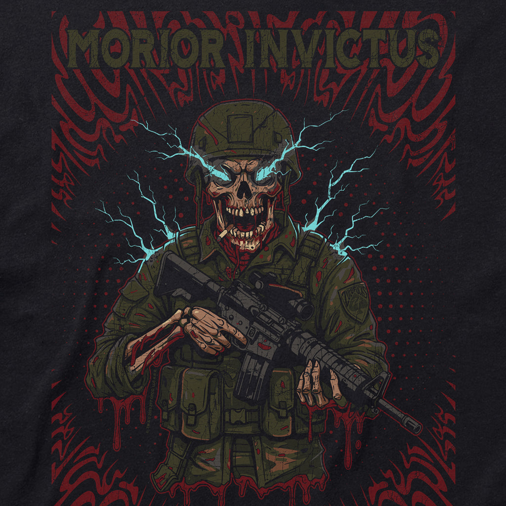 Graphic illustration of a skeletal soldier wearing tactical gear with glowing blue eyes and holding an assault rifle, surrounded by red and blue electric effects on the Morior Invictus Tee.