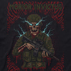 Graphic illustration of a skeletal soldier wearing tactical gear with glowing blue eyes and holding an assault rifle, surrounded by red and blue electric effects on the Morior Invictus Tee.