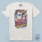 White My Country Tee featuring a colorful graphic of a man with sunglasses, a woman holding a beer, and text saying "Where liberty is, there’s my country," with additional design elements on the sleeve.