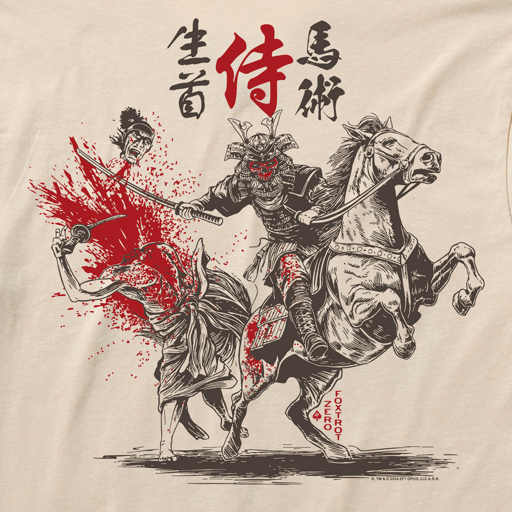Namakubi Bajutsu Tee featuring a graphic of a samurai warrior in full armor on a rearing horse, wielding a sword with a dramatic, bloody decapitation scene and Japanese calligraphy.